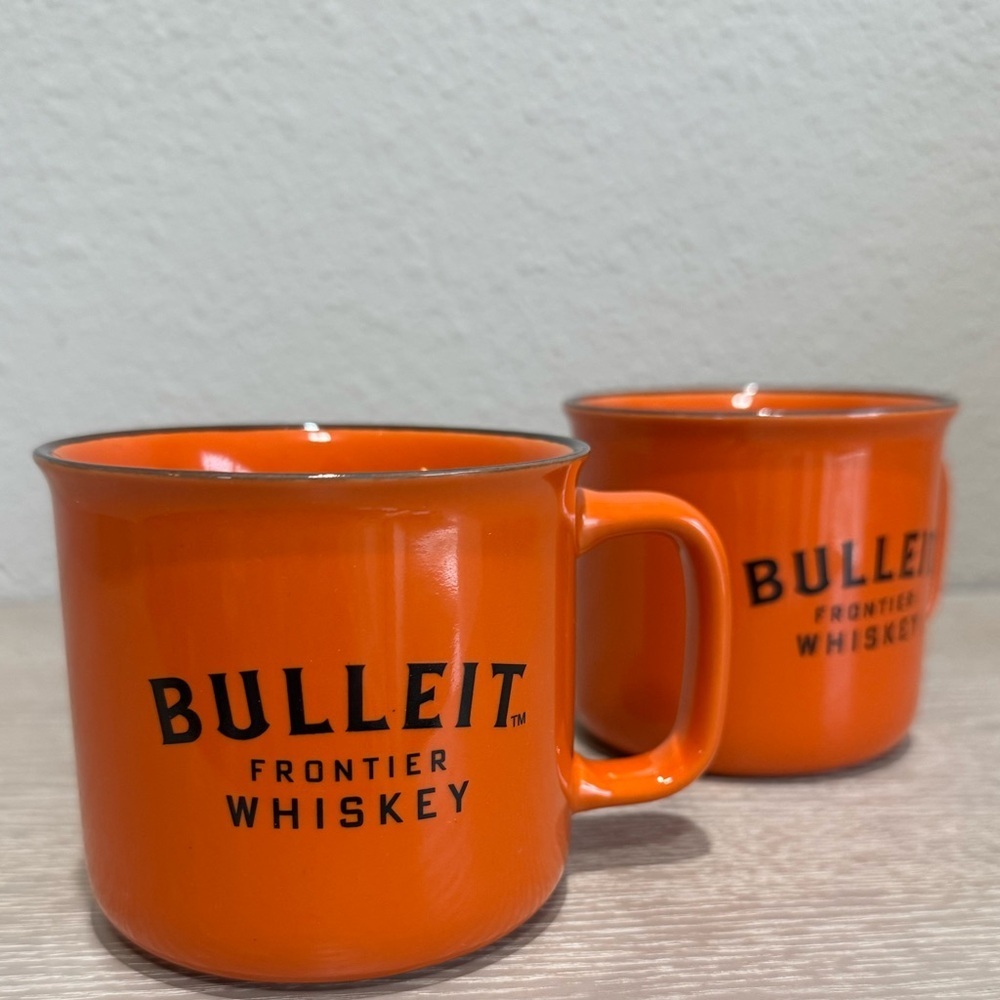 Bulleit Frontier Whiskey Set of 2 Orange with Black Rim Ceramic Coffee Mugs A-6